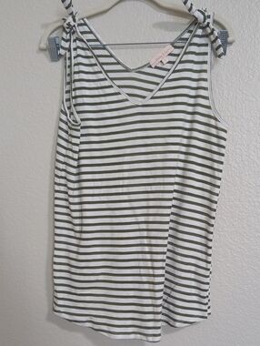 Striped Tie-Shoulder Tank Top - Olive & White
